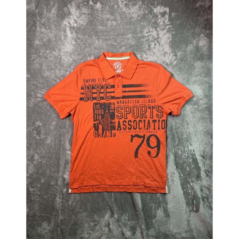 Roebuck & Co Men's Polo Shirt Size XL Orange Y2K NYC Graphic Short Sleeve